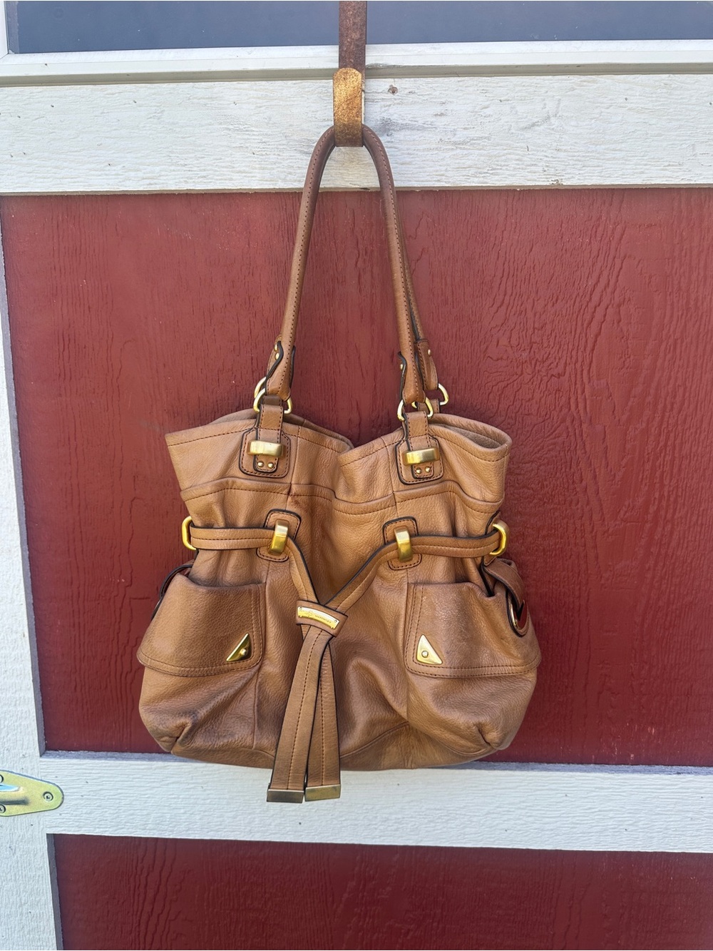 b. makowsky Tan Leather Drawstring Shoulder Bag with Gold Hardware